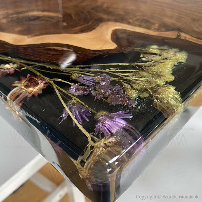 Floral walnut epoxy resin dining table designed for bright Florida modern interiors.