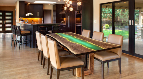 Fluorescent green glowing epoxy resin table with live edge wood