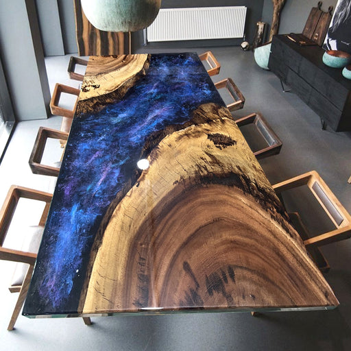 Handmade galaxy epoxy resin table with natural wood