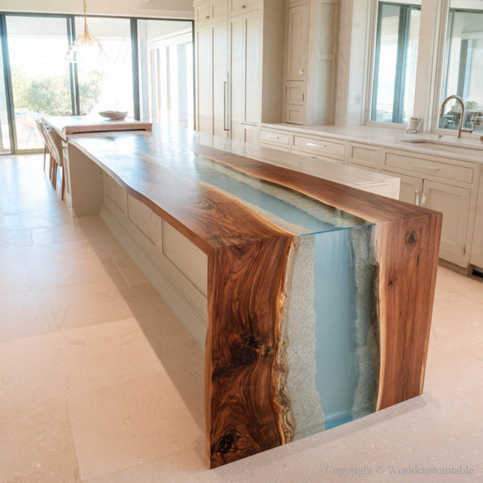 Glossy aqua resin waterfall table in modern home interior