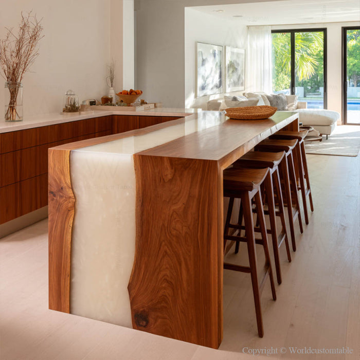 Glossy white resin waterfall table in modern home interior