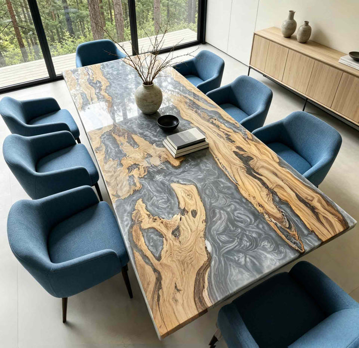 Handcrafted olive wood dining table with flowing silver grey marble epoxy river, one-of-a-kind contemporary home statement art