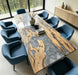 Handcrafted olive wood dining table with flowing silver grey marble epoxy river, one-of-a-kind contemporary home statement art