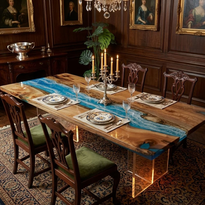 Golden camphor dining table featuring vibrant blue epoxy resin