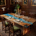 Golden camphor dining table featuring vibrant blue epoxy resin