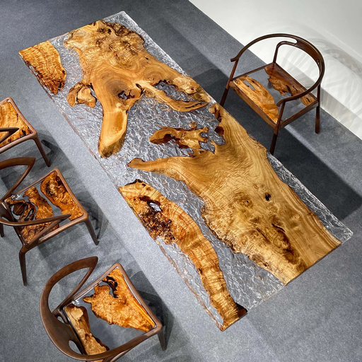 Golden camphor burl epoxy river dining table with clear resin