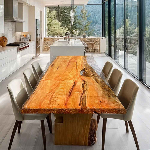 Front view of a 36×72 Golden Camphor Ice transparent resin dining table, ready to seat 6-8 people.
