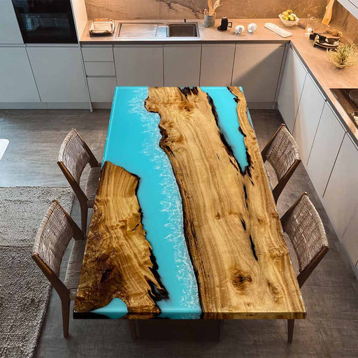 Front view of a 47×80 Golden Camphor light blue epoxy resin dining table, ready to seat 8 people.