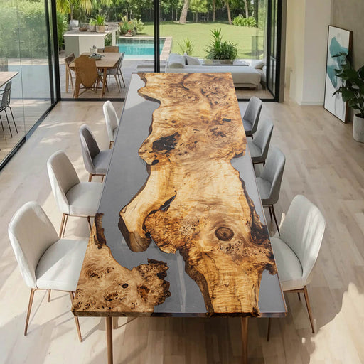 Handmade golden camphor epoxy dining table with live edge