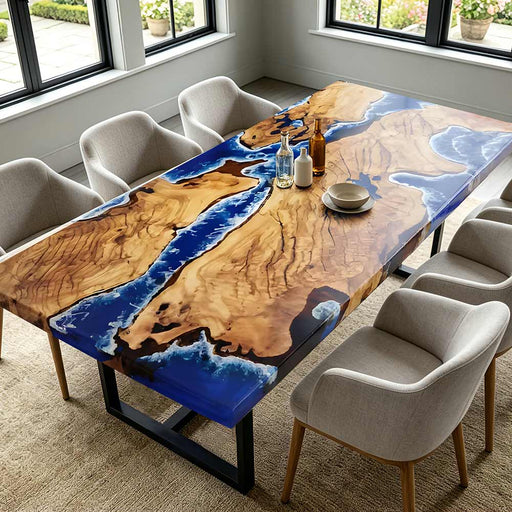 Golden camphor wood dining table with ocean epoxy wave design in a bright California interior.