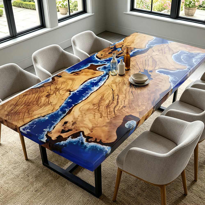 Golden camphor wood dining table with ocean epoxy wave design in a bright California interior.