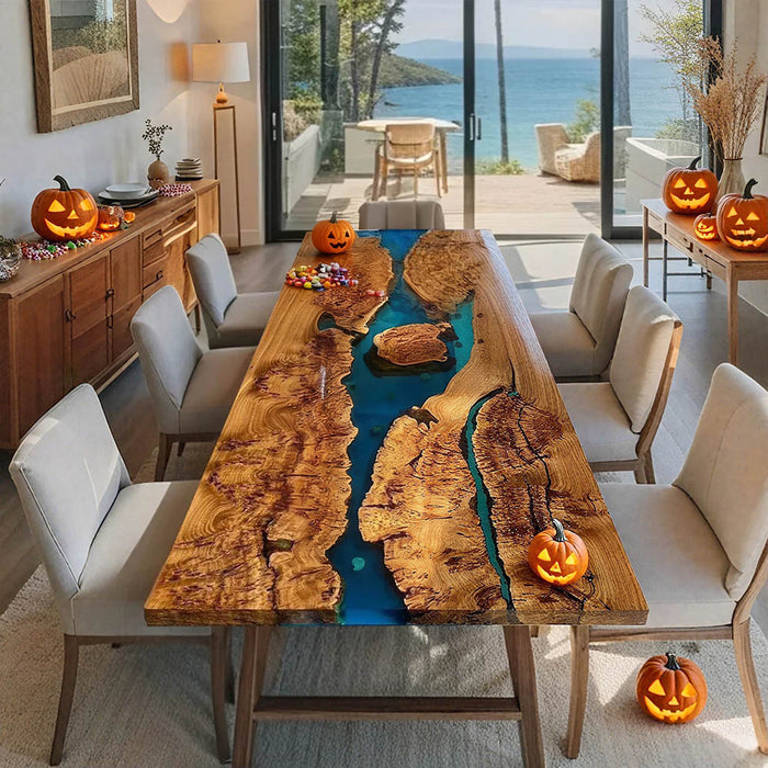Dining room with a unique wooden table featuring a blue resin design, surrounded by chairs and furniture.