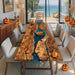 Dining room with a unique wooden table featuring a blue resin design, surrounded by chairs and furniture.