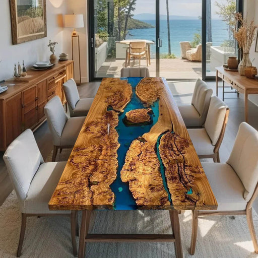 Dining room with a unique wooden table featuring a blue resin design, surrounded by chairs and furniture.