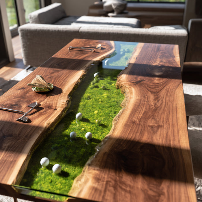 Wooden table with a green central feature, resembling a golf course, in a modern living room.