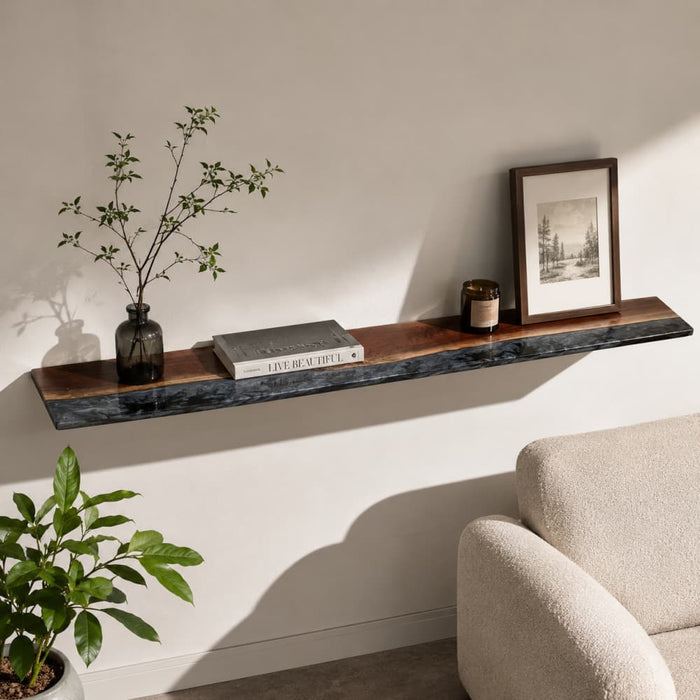 Modern gray epoxy resin shelf with natural walnut grain