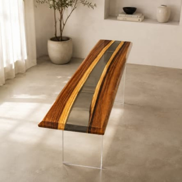 walnut console table featuring gray epoxy resin
