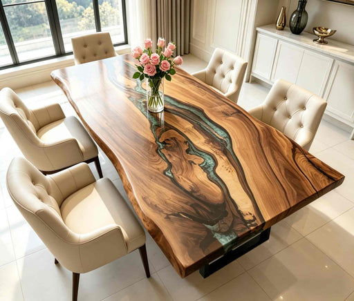 Luxury walnut green epoxy resin river dining table with handcrafted live edge design