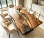 Luxury walnut green epoxy resin river dining table with handcrafted live edge design