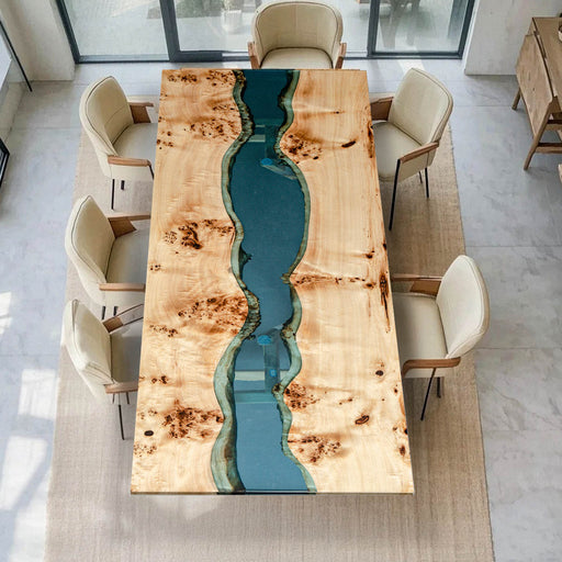 Green epoxy river dining table made from poplar wood