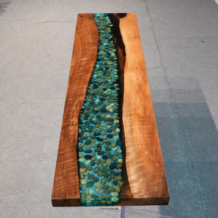Green resin black walnut entryway table for a modern home