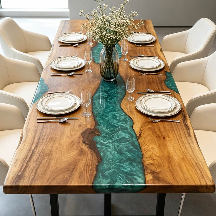 Solid wood table with green epoxy resin river and natural grain