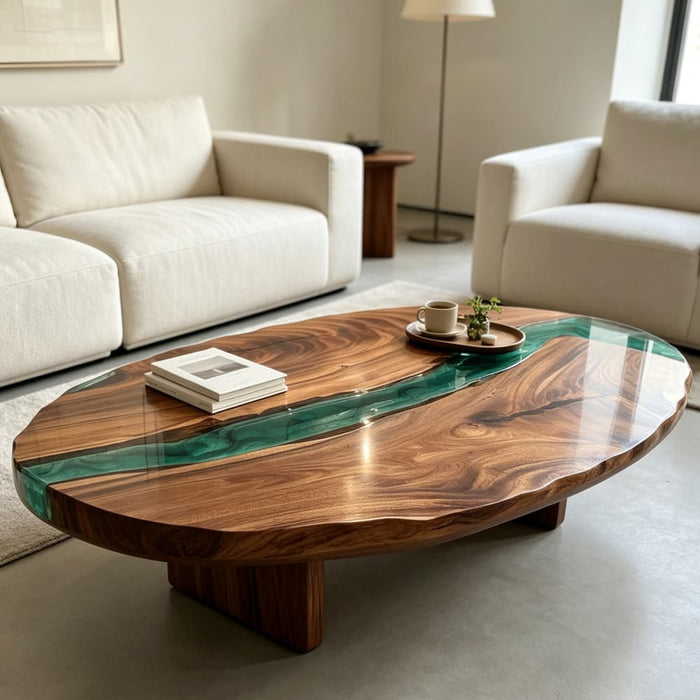 walnut coffee table featuring vibrant green epoxy resin