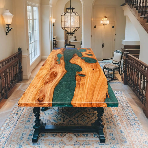 36x72 inch olive wood table with green river epoxy design