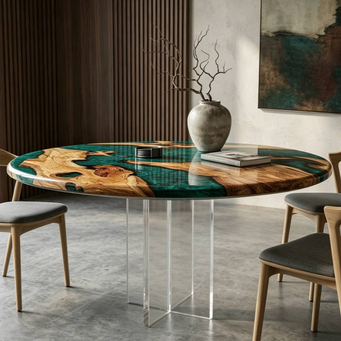 round olive wood dining table with artistic green epoxy resin