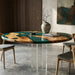 round olive wood dining table with artistic green epoxy resin
