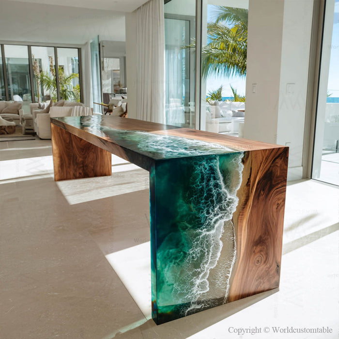 Green wave epoxy waterfall table for modern office with Miami vibes