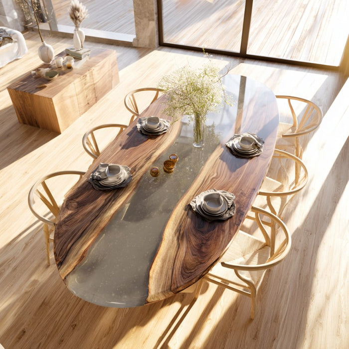 Dining table with natural wood finish and glass top in a modern interior setting