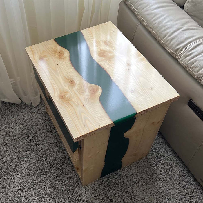 Handcrafted ash wood epoxy bedside table in minimalist style.