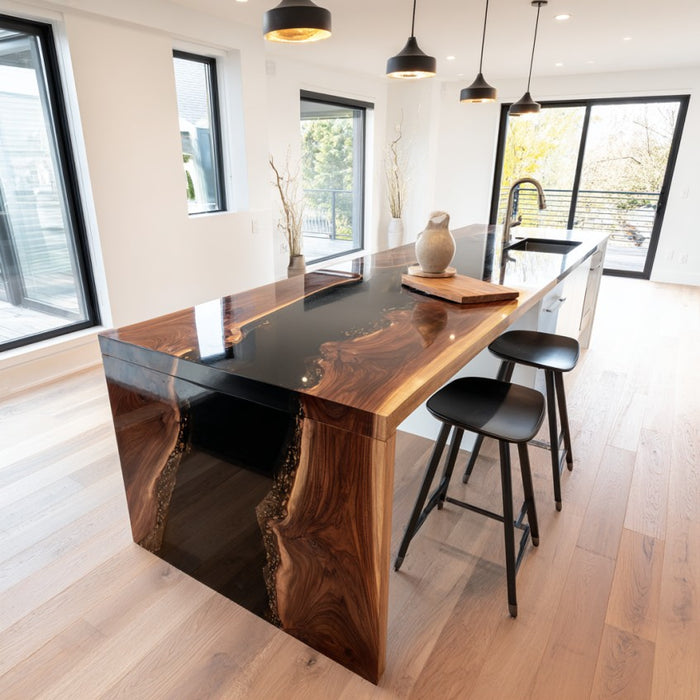 modern black walnut epoxy waterfall table for kithen islands in california
