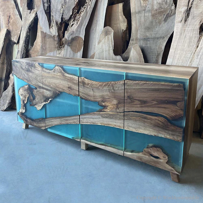 Handcrafted black walnut blue epoxy cabinet closeup highlighting resin design and wood texture