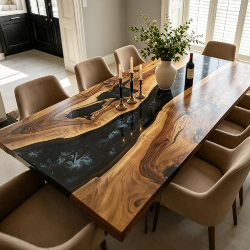 Inky black epoxy resin river dining table with live edge black walnut, moody luxury kitchen furniture