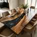 Inky black epoxy resin river dining table with live edge black walnut, moody luxury kitchen furniture