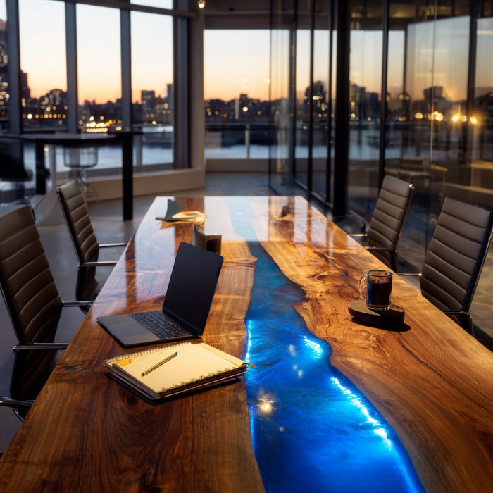 Modern conference room with a unique wooden table featuring a blue central river.