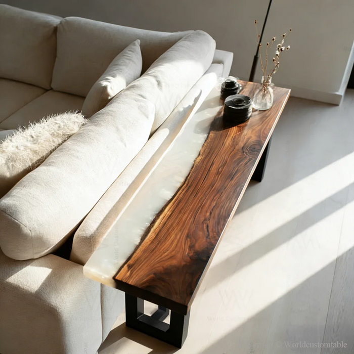 Handcrafted black walnut resin table closeup highlighting wood grain and resin