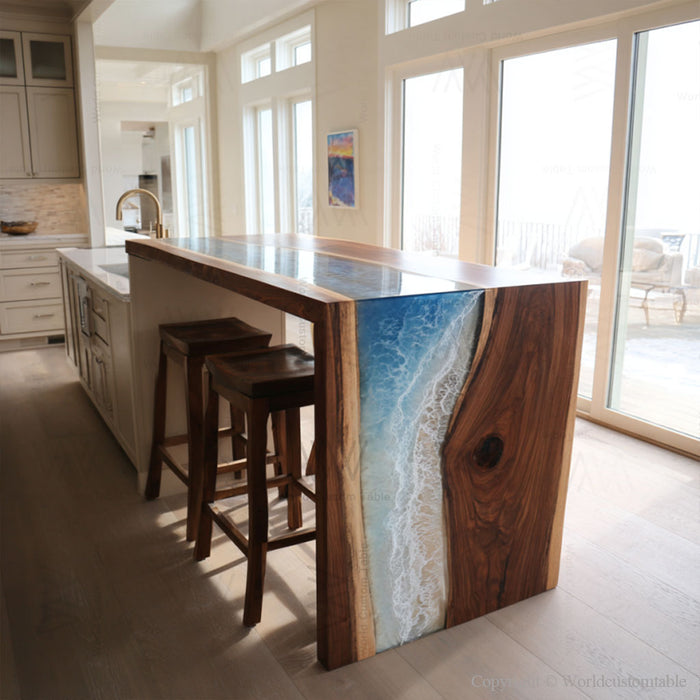 Handcrafted black walnut table with wave resin in living room