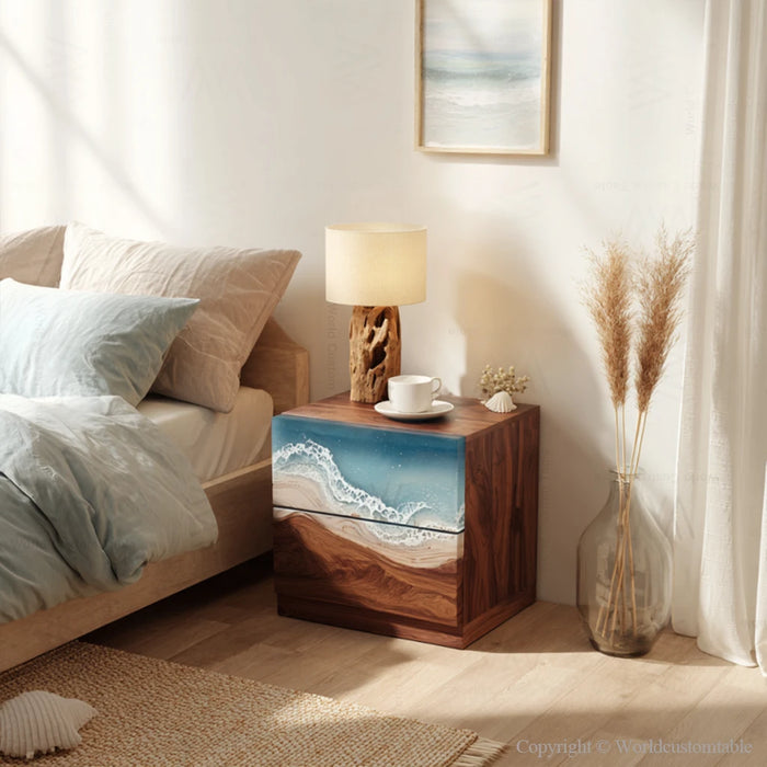 Handcrafted black walnut nightstand closeup highlighting wave resin pattern