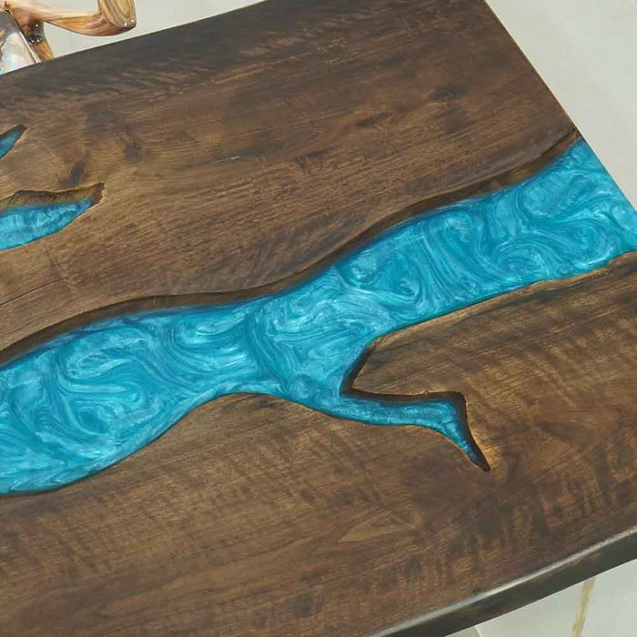 Handcrafted Blue Epoxy Black Walnut Table Close-Up