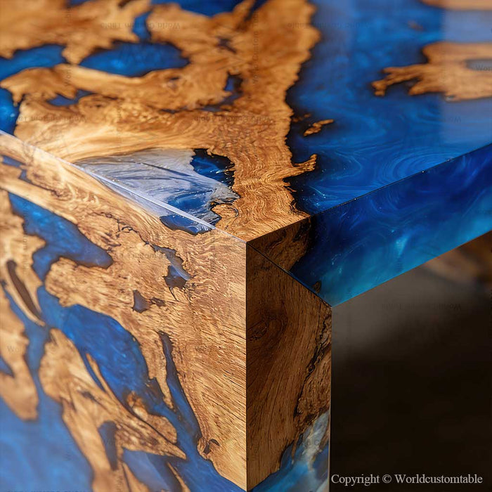 Handcrafted burl wood waterfall table with blue epoxy resin