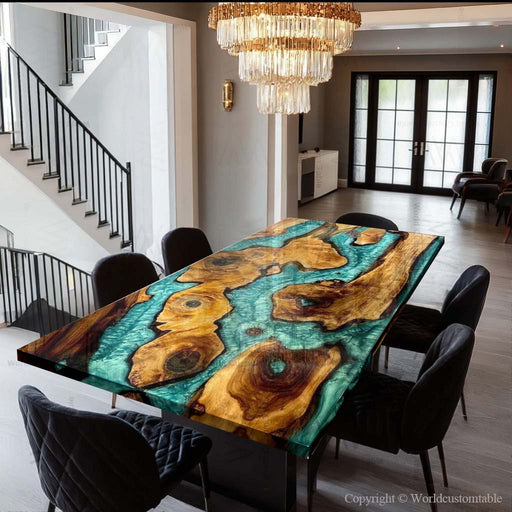 Handcrafted burl wood epoxy table showcasing natural grain