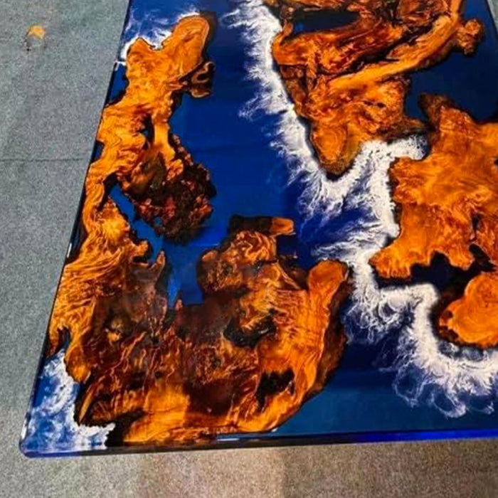 Tabletop with a unique design featuring orange and brown patterns on a blue background