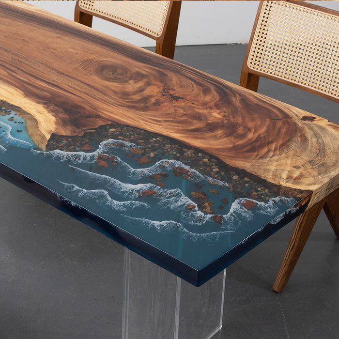 Handcrafted walnut epoxy resin dining table with coastal theme