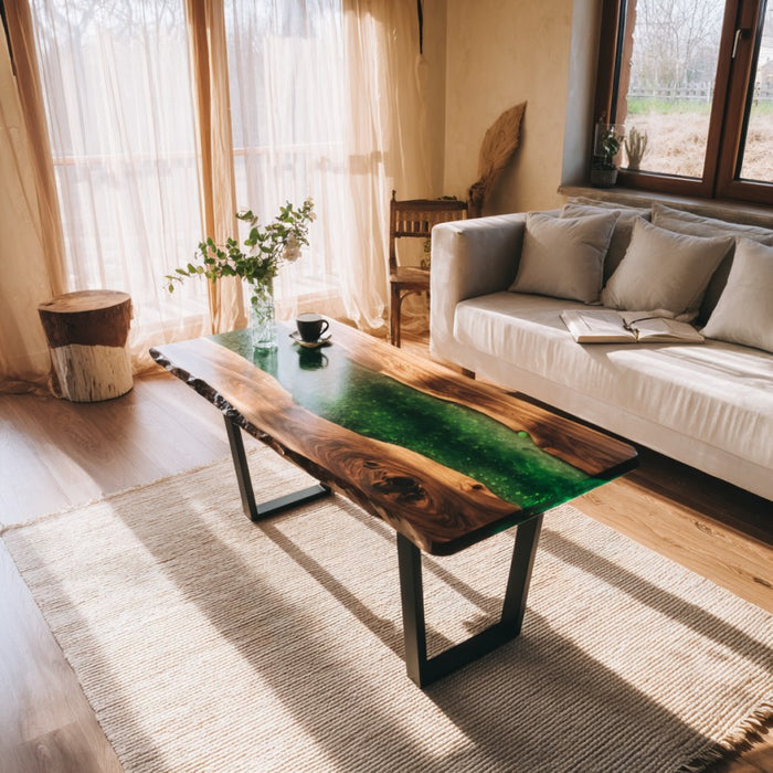 Living room with a green epoxy resin coffee table, white sofa, and decorative items.