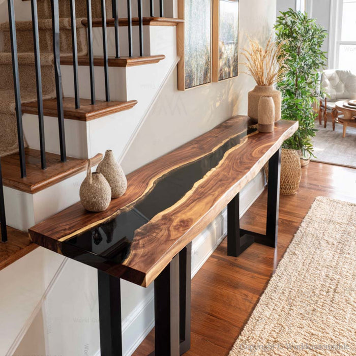 Handcrafted epoxy console table in a modern hallway with minimalist decor