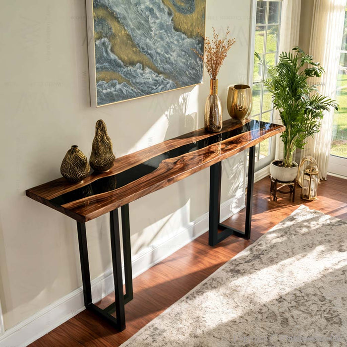 Handcrafted epoxy console table in foyer setting