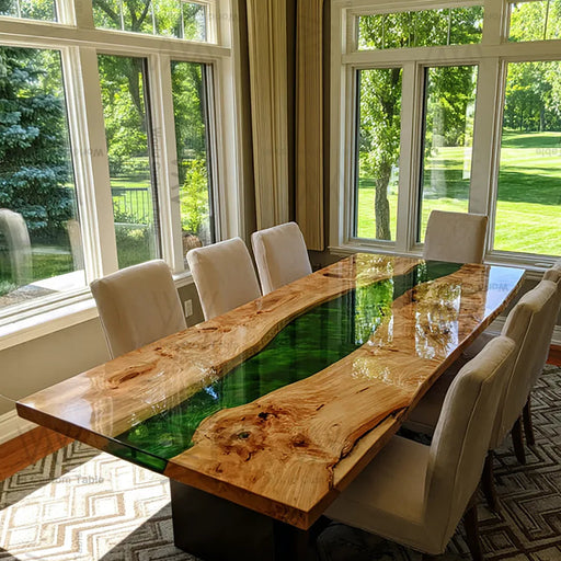 Handcrafted modern epoxy dining table in a bright contemporary kitchen